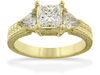 Trillium Hand Etched Three Stone Diamond Engagement Ring